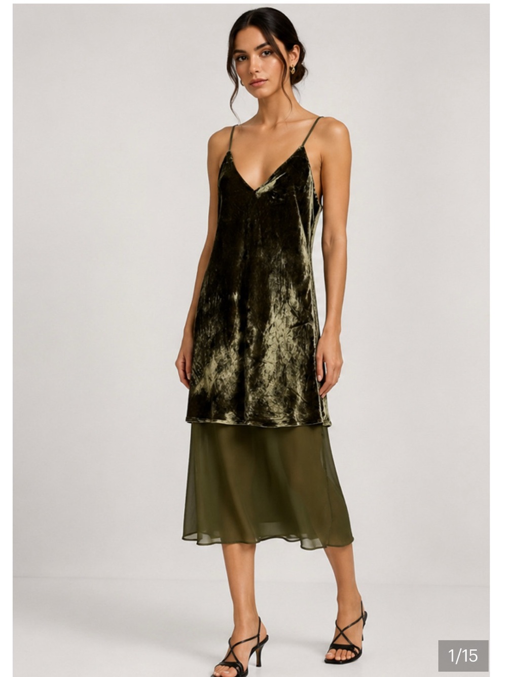 Olive Green Velvet Slip Dress with Chiffon Skirt, Gold Hawk , Sz M